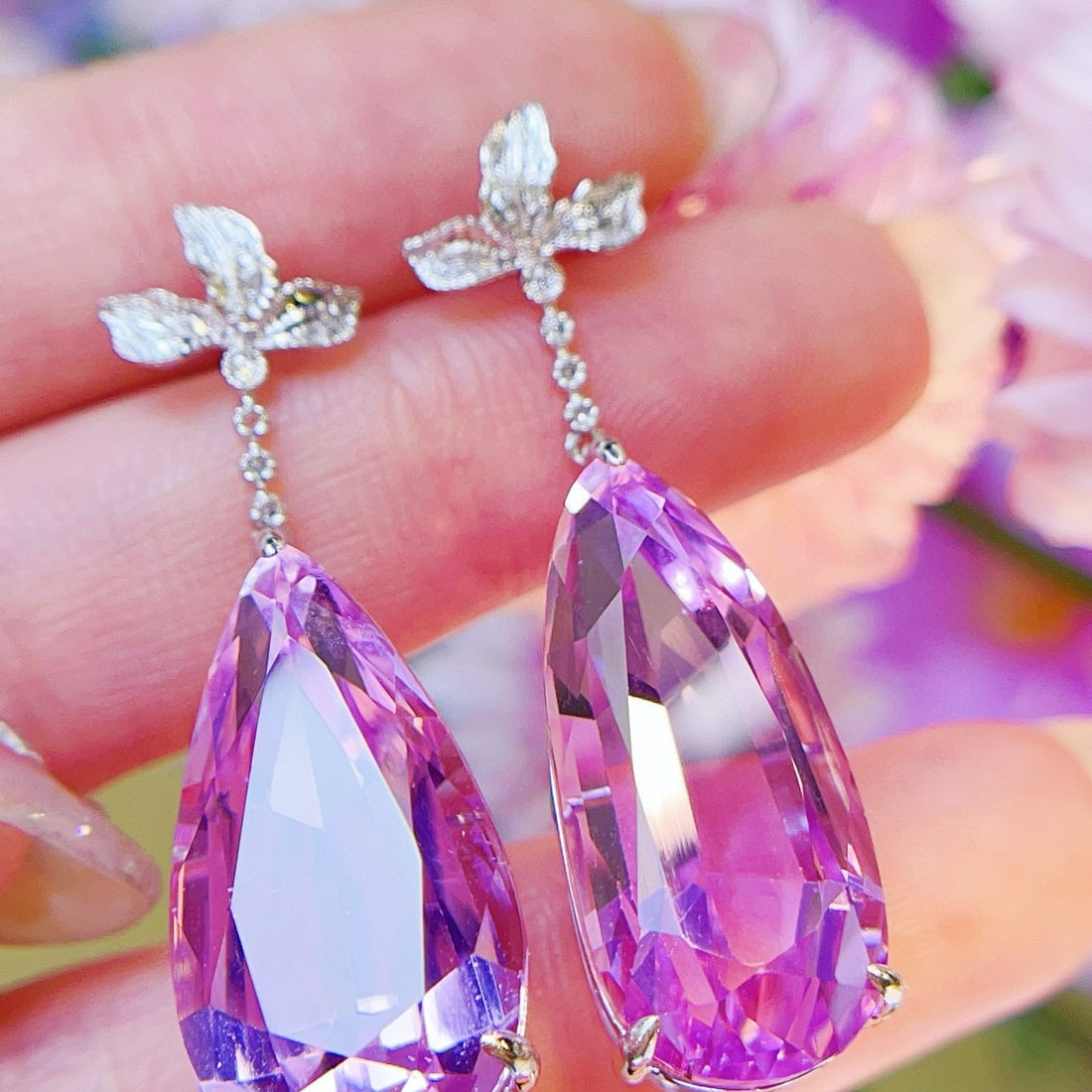 14k Gold 43.3 Ct Natural Kunzite & Diamond Earrings - 2