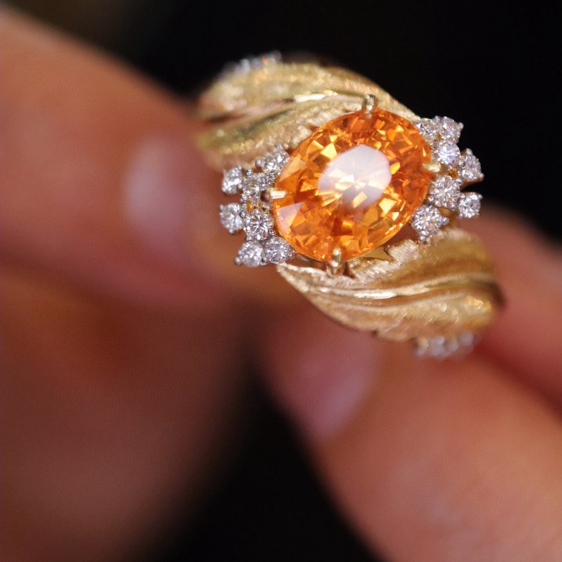 14k Gold 2.36 Ctw Natural Spessartine & Diamond Ring: Ref:231054328 // gold content:14k gold // ring size:7. 25us // // main gemstone:spessartine // shape:oval // carat weight:2. 10ct // color:orange // treatment:natural // // adjacent gemstone 2 :
