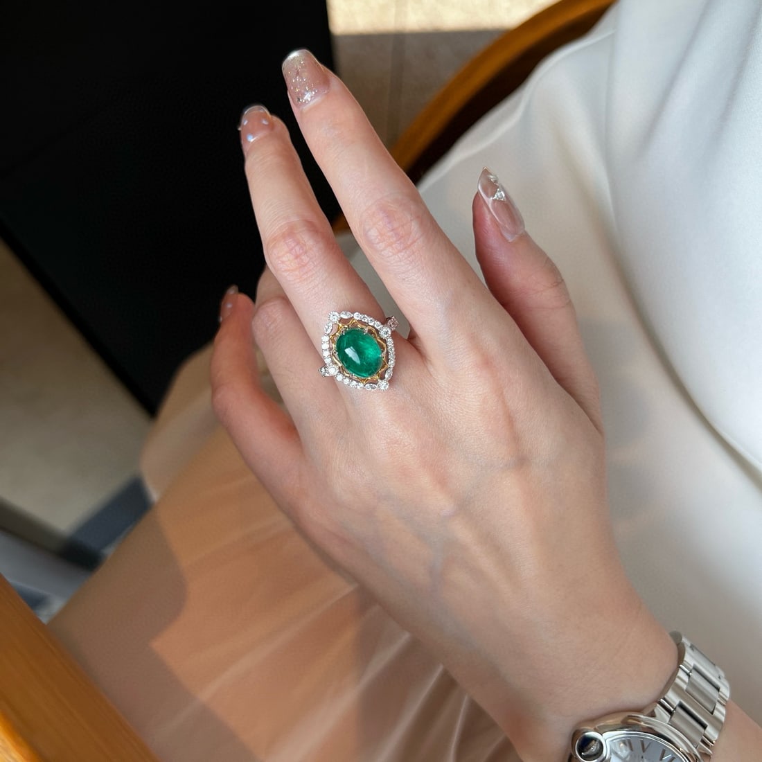 14k Gold 5.32 Ctw Vivid Green Natural Emerald & Lab Grown Diamond Ring - 8