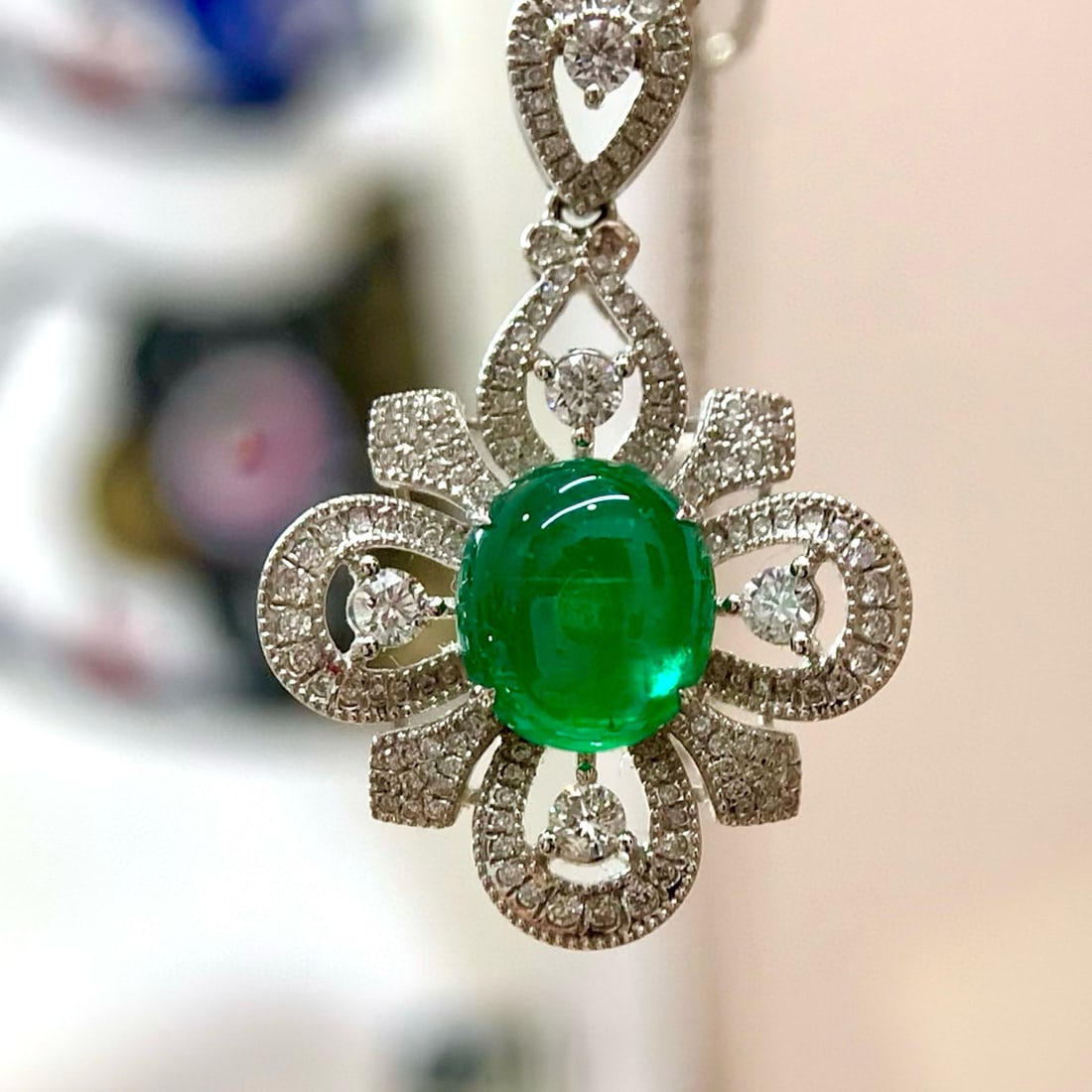 14k Gold 2.82 Ctw Vivid Green Natural Emerald & Diamond Pendant( Without Chain ) - 7
