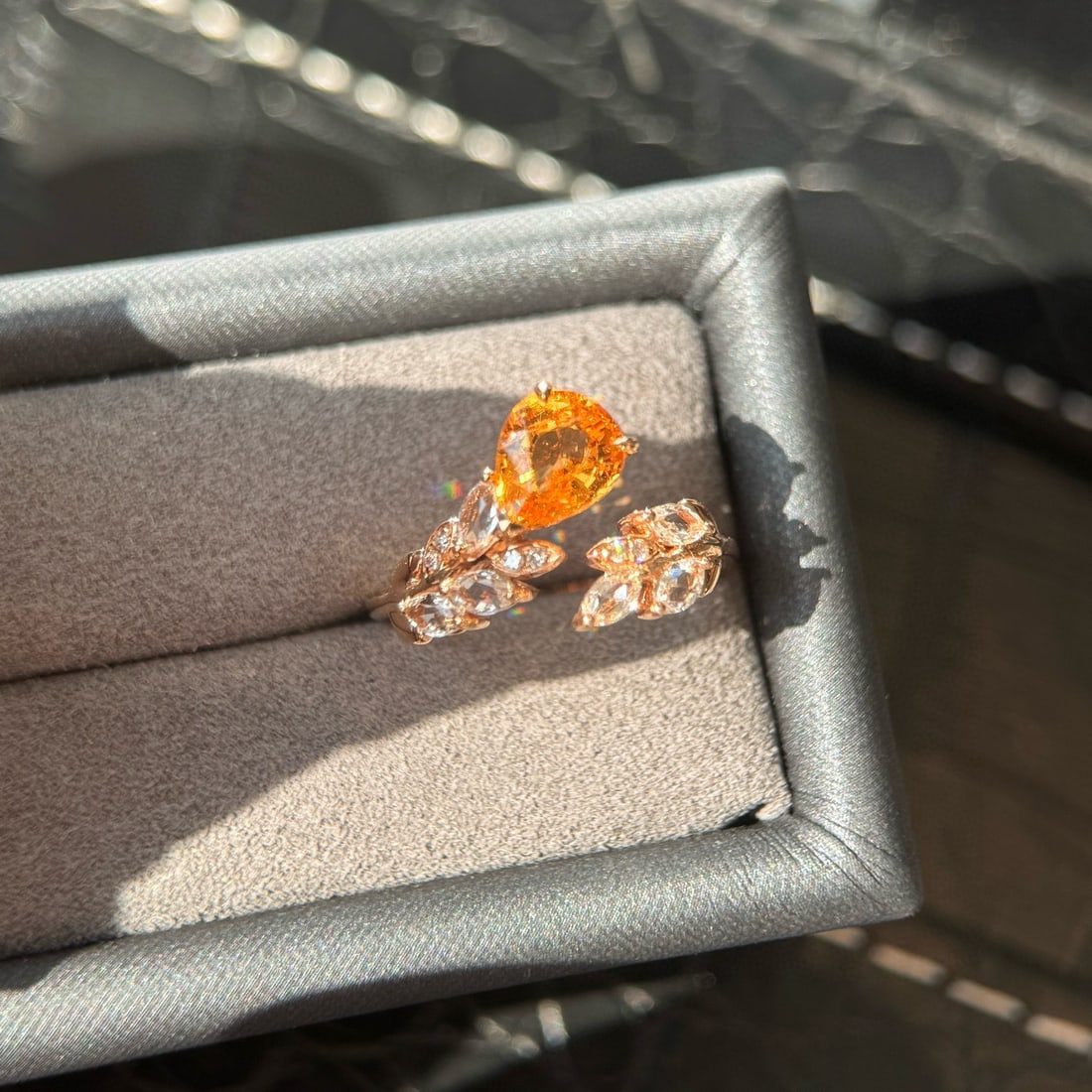 14k Gold 1.21 Ctw Natural Spessartine & Diamond Ring: Ref:231054352 // gold content:14k gold // ring size:7. 25us // // main gemstone:spessartine // shape:pear // carat weight:1. 19ct // color:orange // treatment:natural // // adjacent gemstone 2 : diamo