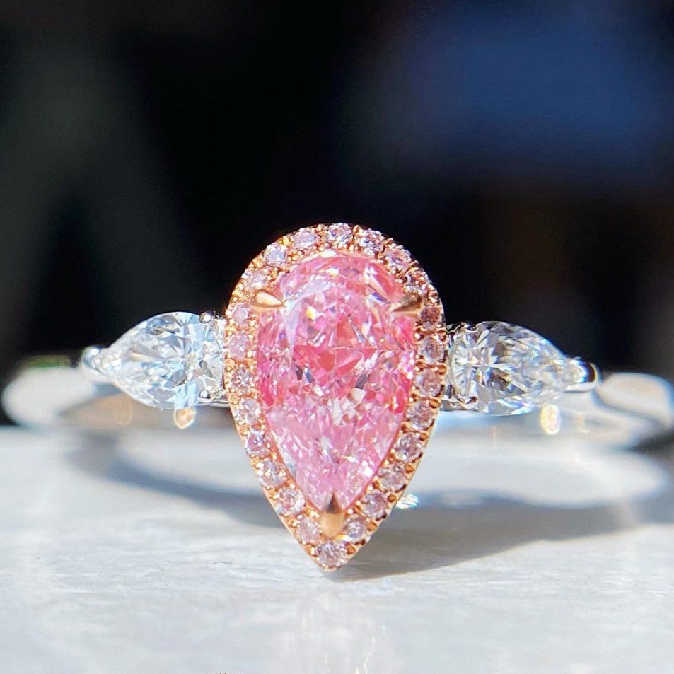 Gia Certified 14k Gold 0.60 Ctw Natural Pink Diamond & Diamond Ring: Ref:231054359 // gold content:14k gold // ring size:7. 25us // // main gemstone:pink diamond // certified:gia // shape:pear // carat weight:0. 41ct // clarity grade:si1 // color:pink //