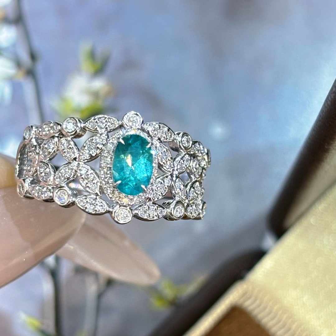 14k Gold 0.4 Ct Natural Paraiba Tourmaline & Diamond Ring - 2