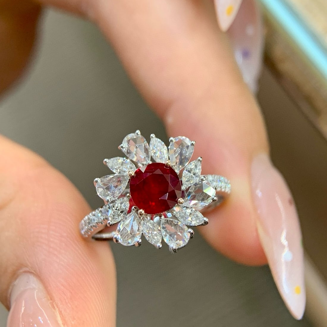 14k Gold 2.14 Ctw Natural Ruby & Diamond Ring: Ref:231054381 // gold content:14k gold // ring size:7. 25us // // main gemstone:ruby // shape:cushion // carat weight:1. 26ct // color:pigeonblood red // treatment:natural // // adjacent gemstone 2 : 