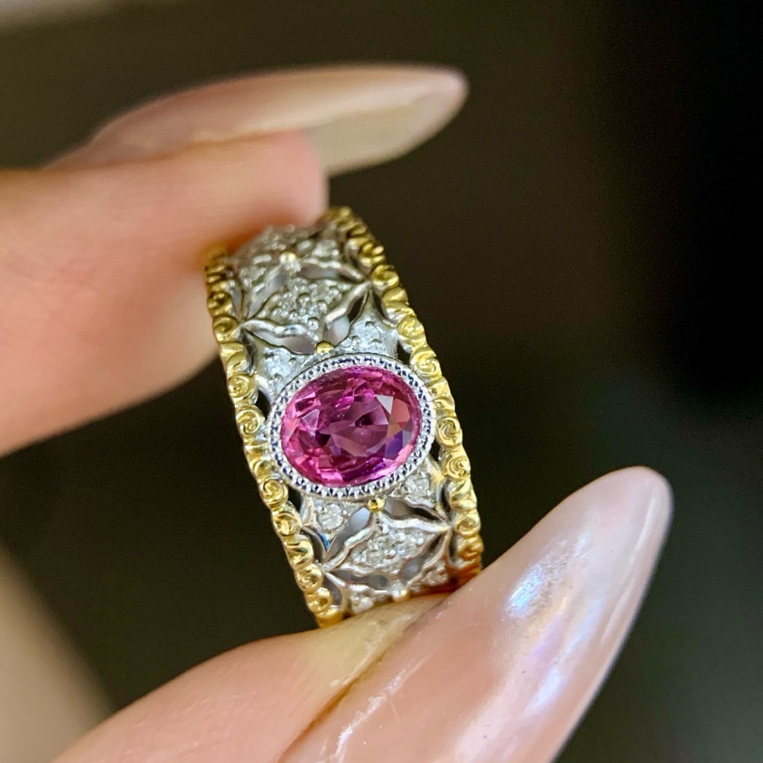 14k Gold 0.73 Ctw Natural Padparadscha Sapphire & Diamond Ring - 4