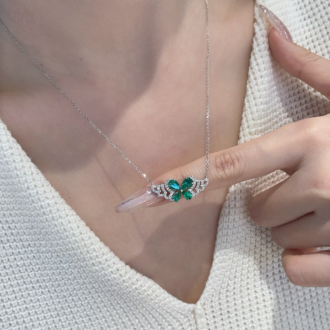 14k Gold 1 Ct Natural Emerald & Diamond Necklace - 2