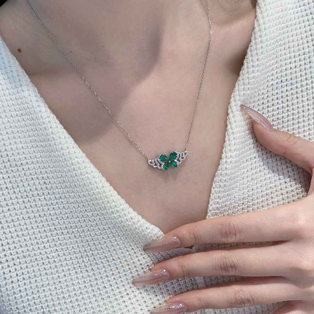 14k Gold 1 Ct Natural Emerald & Diamond Necklace - 3