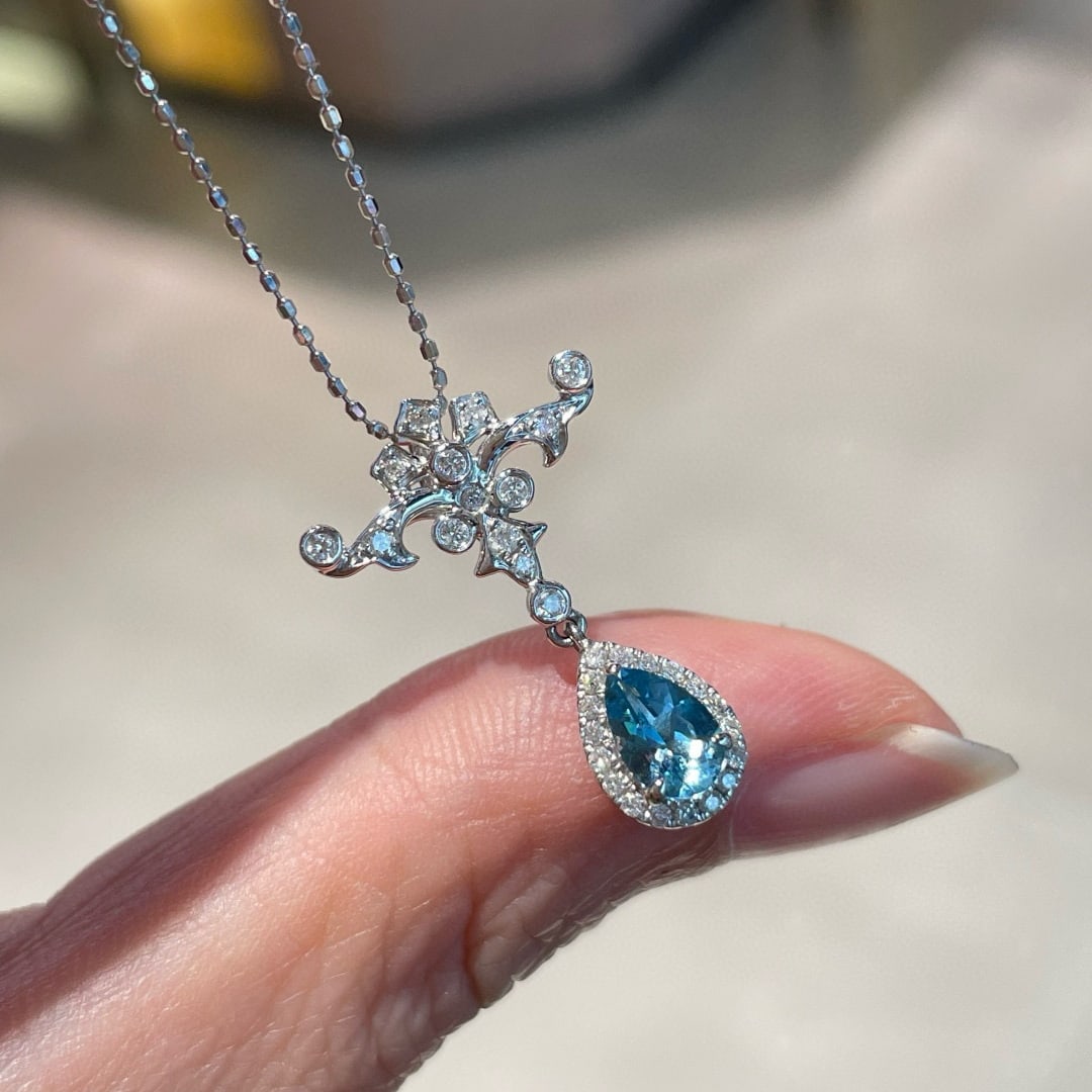 14k Gold 0.42 Ct Natural Aquamarine & Diamond Pendant( Without Chain ) - 2