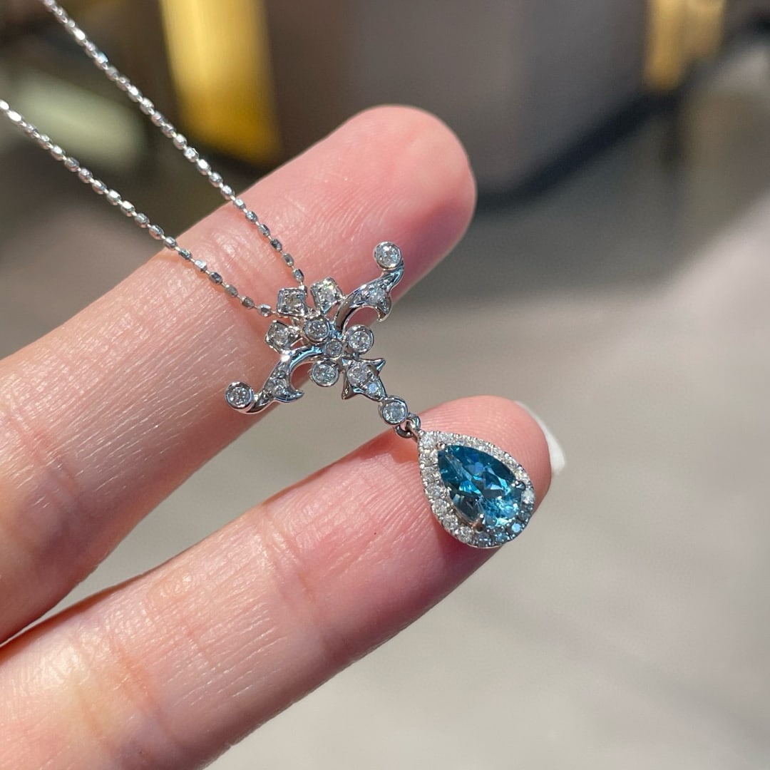 14k Gold 0.42 Ct Natural Aquamarine & Diamond Pendant( Without Chain ) - 3