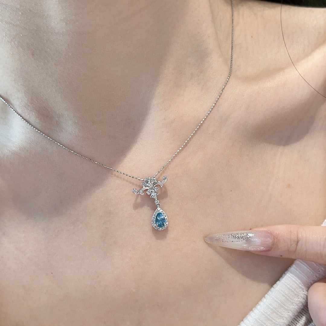 14k Gold 0.42 Ct Natural Aquamarine & Diamond Pendant( Without Chain ) - 6