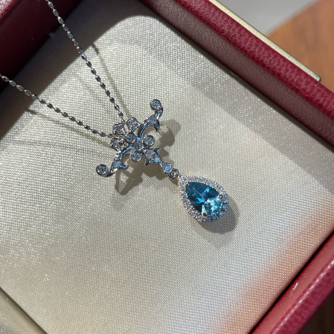 14k Gold 0.42 Ct Natural Aquamarine & Diamond Pendant( Without Chain ) - 8