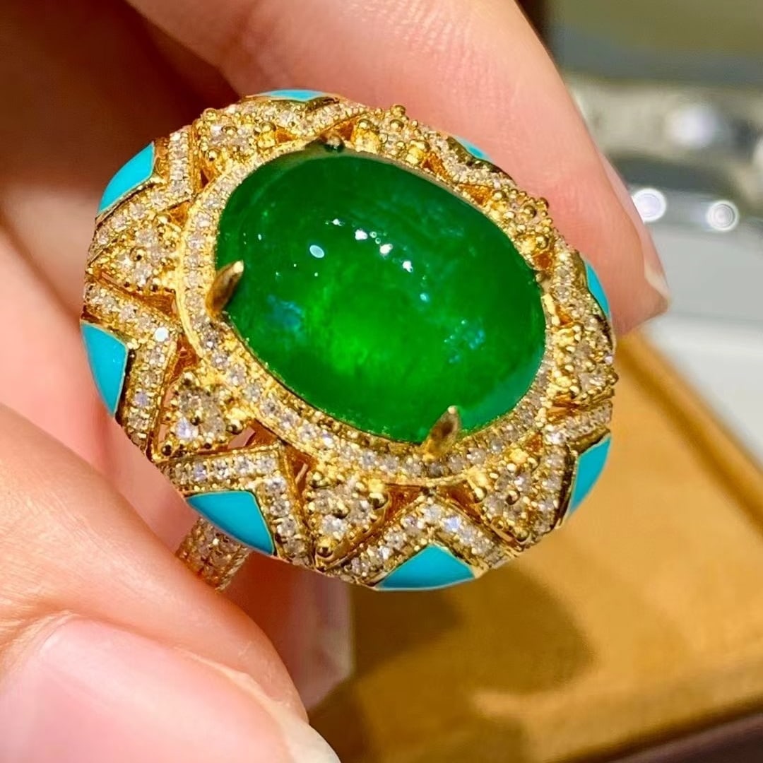 14k Gold 5.7 Ct Vivid Green Natural Emerald & Diamond Ring - 6