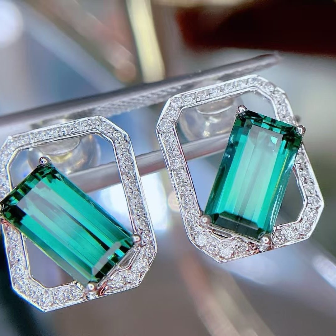 14k Gold 4.13 Ctw Natural Tourmaline & Diamond Earrings - 2