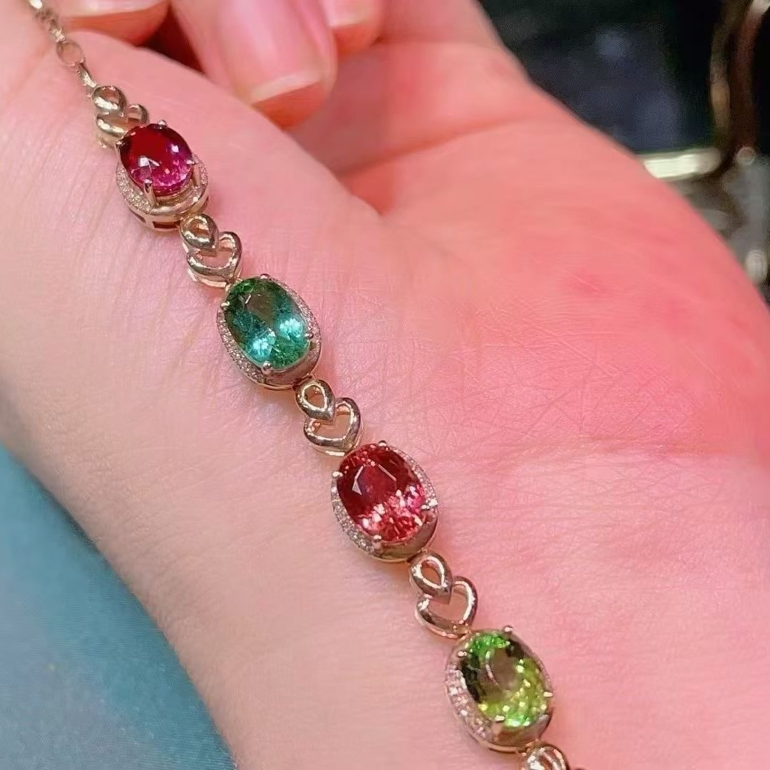 14k Gold 7.5 Ct Natural Tourmaline & Diamond Bracelet - 2