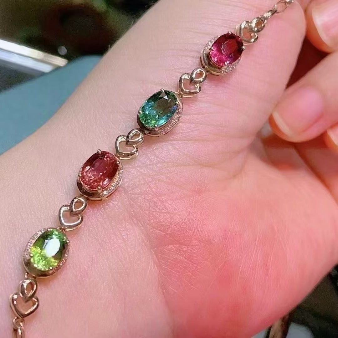 14k Gold 7.5 Ct Natural Tourmaline & Diamond Bracelet - 4