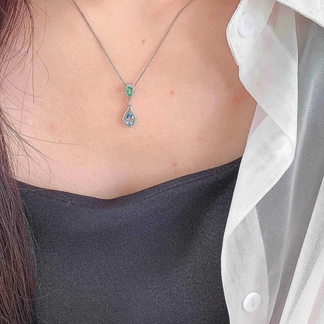 14k Gold 0.74 Ct Natural Aquamarine & Paraiba Tourmaline & Diamond Pendant( Without Chain ) - 5