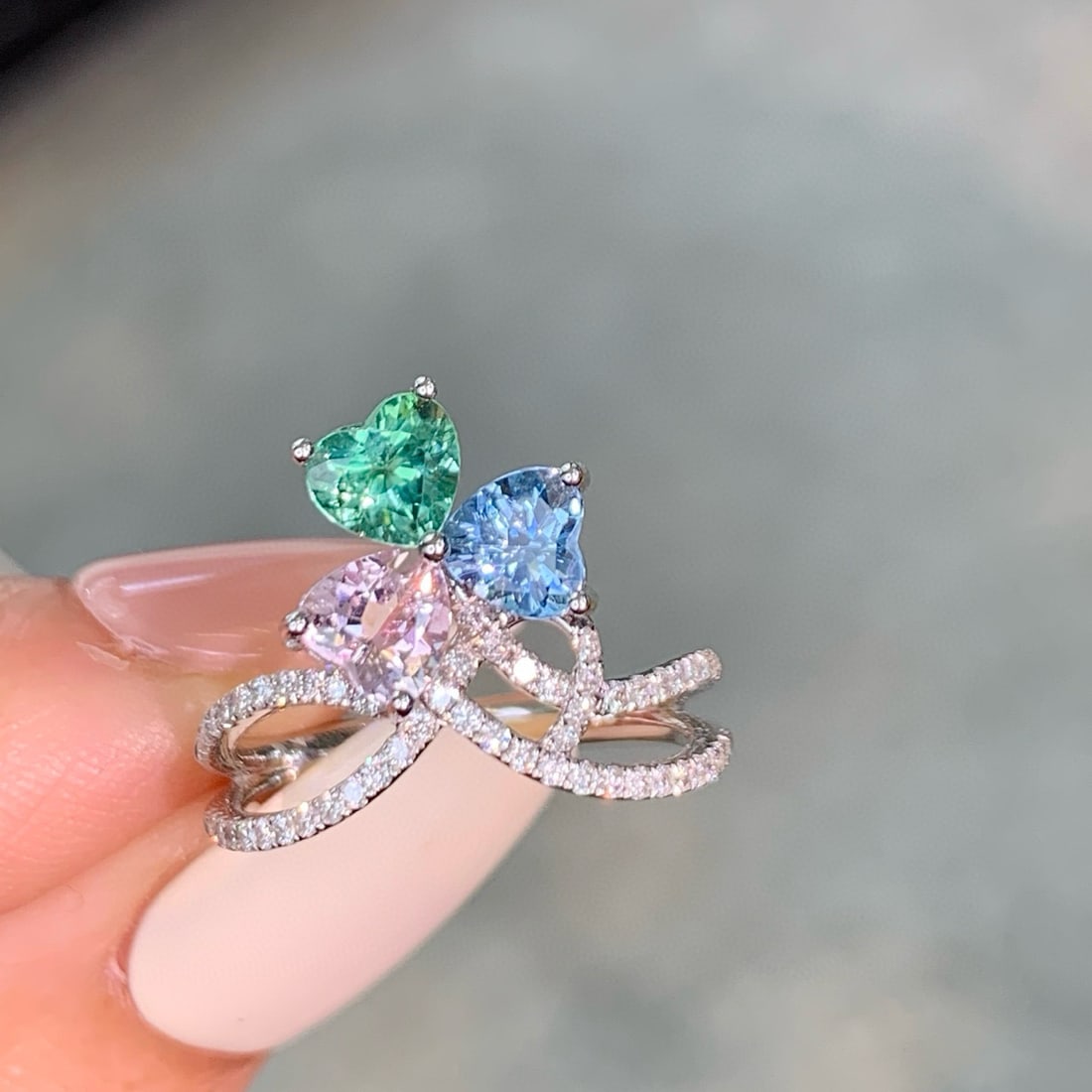 14k Gold 1.25 Ct Natural Aquamarine & Paraiba Tourmaline & Morganite & Diamond Ring: Ref:231054435 // gold content:14k gold // ring size:7. 25us // // main gemstone:aquamarine // shape:heart // carat weight:1. 25ct // color:blue // treatment:natural // // adjacent gemstone 2 :