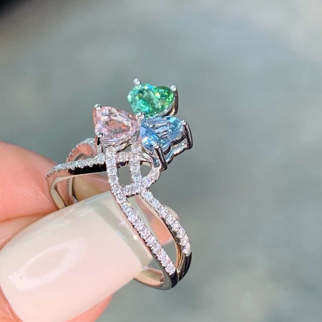 14k Gold 1.25 Ct Natural Aquamarine & Paraiba Tourmaline & Morganite & Diamond Ring - 2