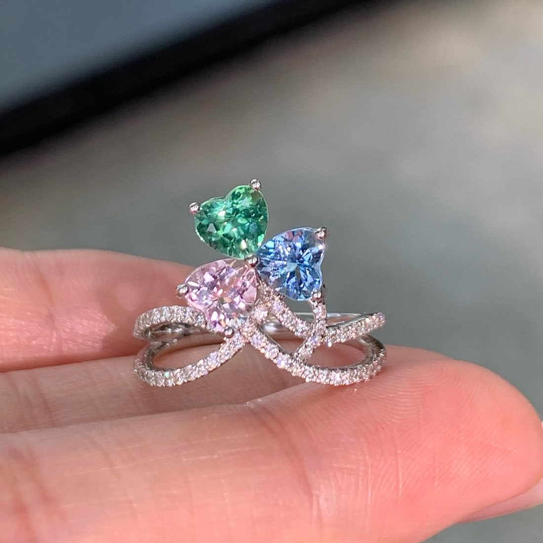 14k Gold 1.25 Ct Natural Aquamarine & Paraiba Tourmaline & Morganite & Diamond Ring - 5