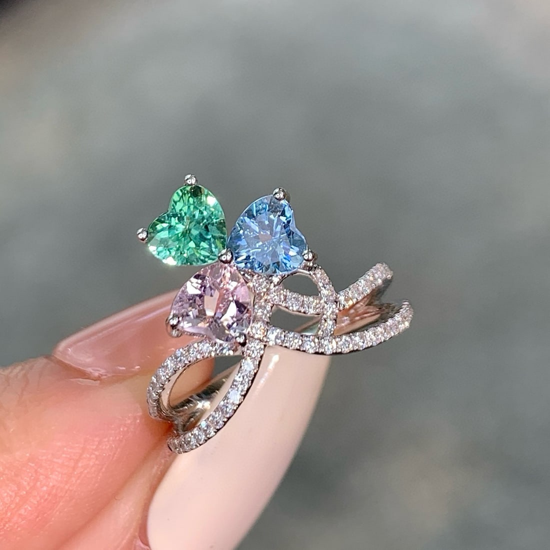 14k Gold 1.25 Ct Natural Aquamarine & Paraiba Tourmaline & Morganite & Diamond Ring - 8