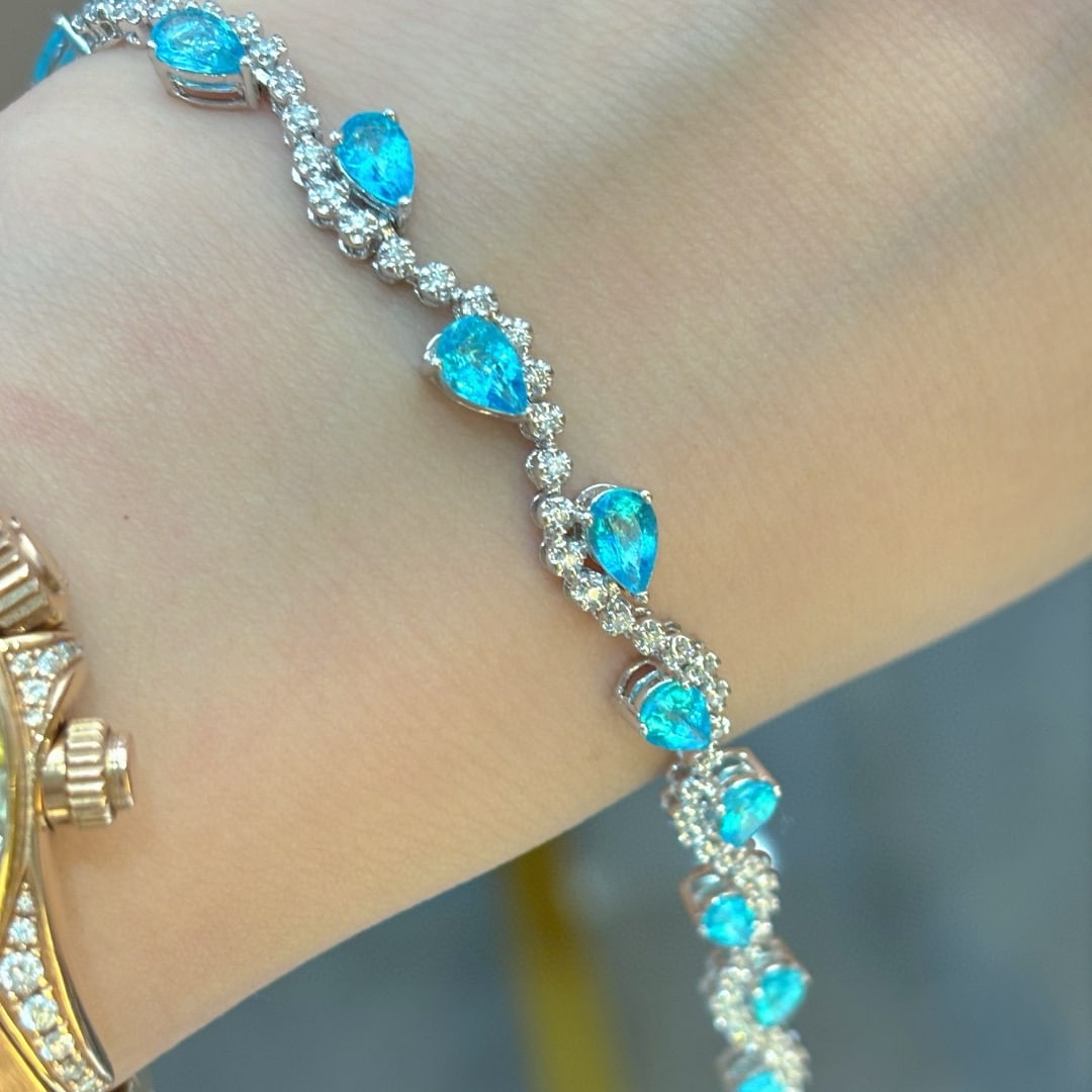 14k Gold 5.3 Ct Natural Paraiba Tourmaline & Diamond Bracelet - 2