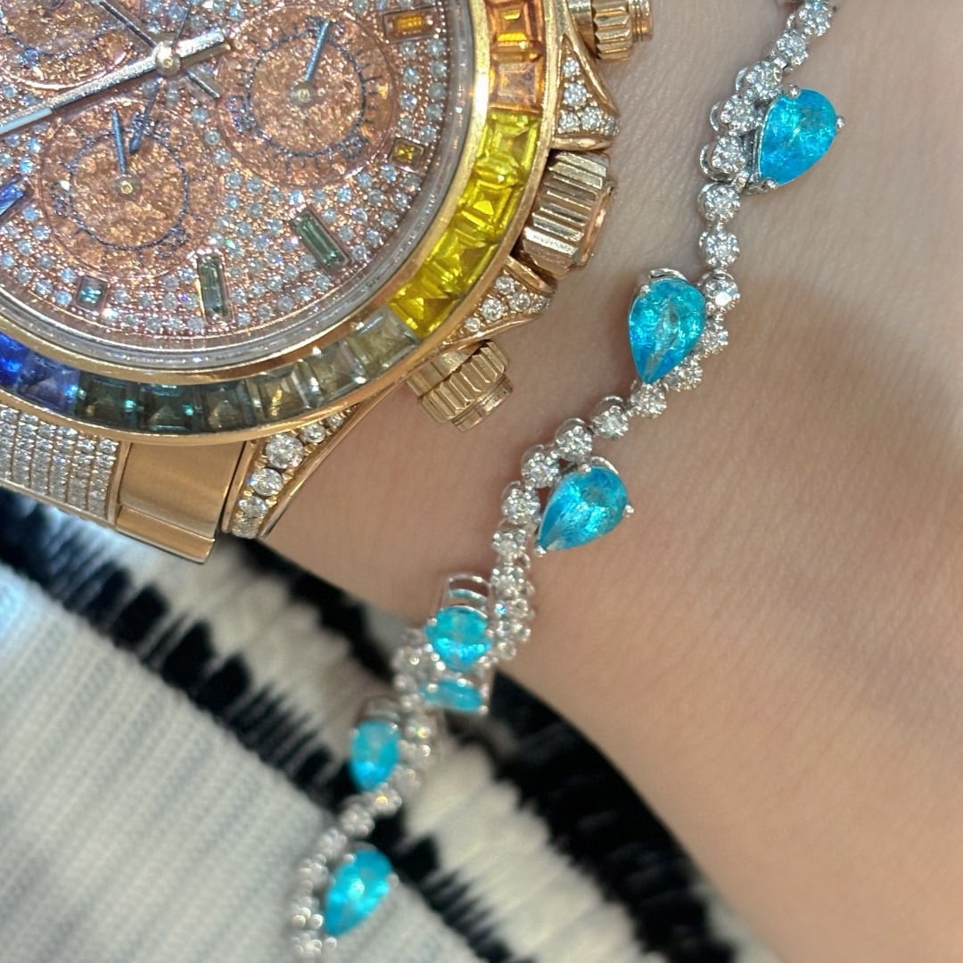 14k Gold 5.3 Ct Natural Paraiba Tourmaline & Diamond Bracelet - 3