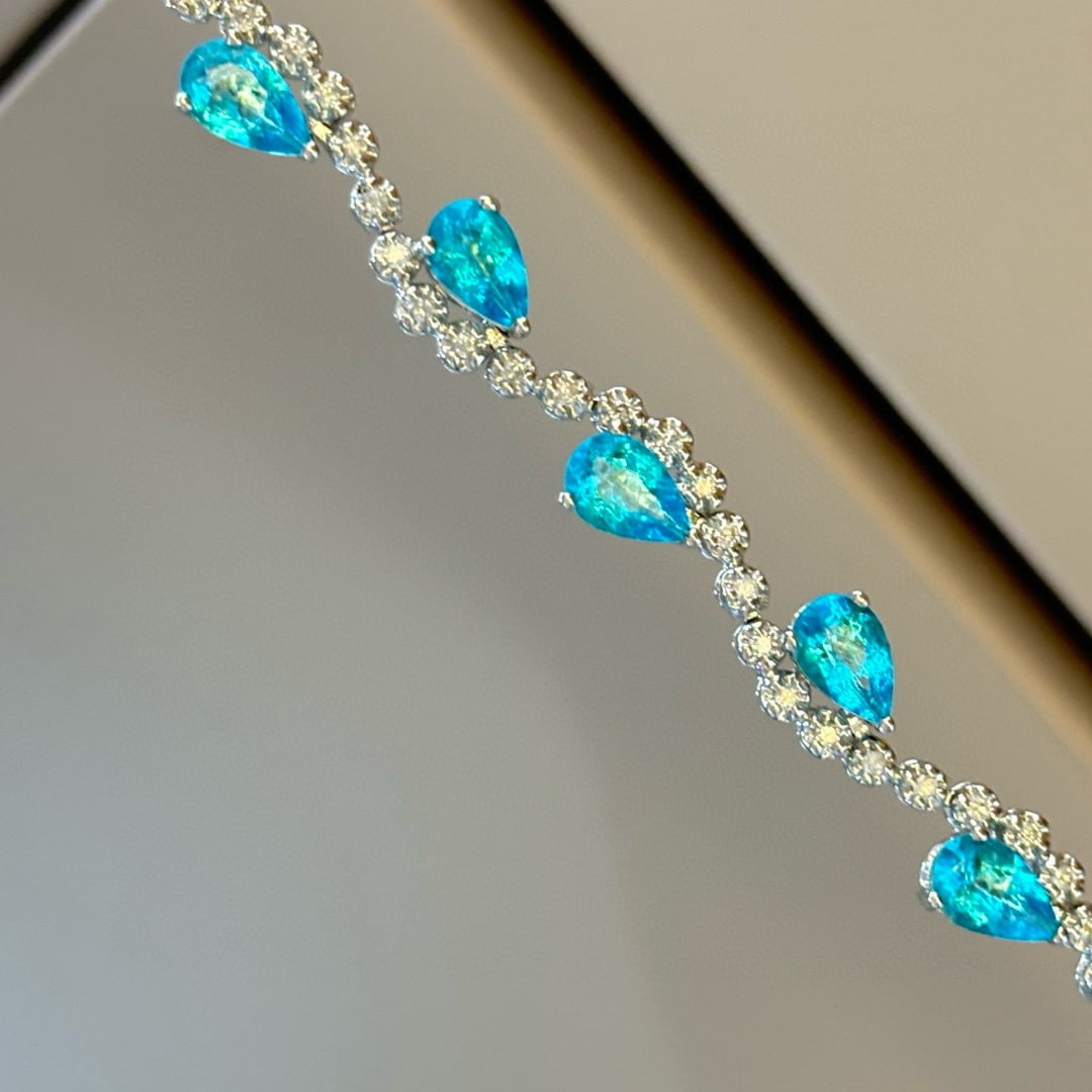14k Gold 5.3 Ct Natural Paraiba Tourmaline & Diamond Bracelet - 6