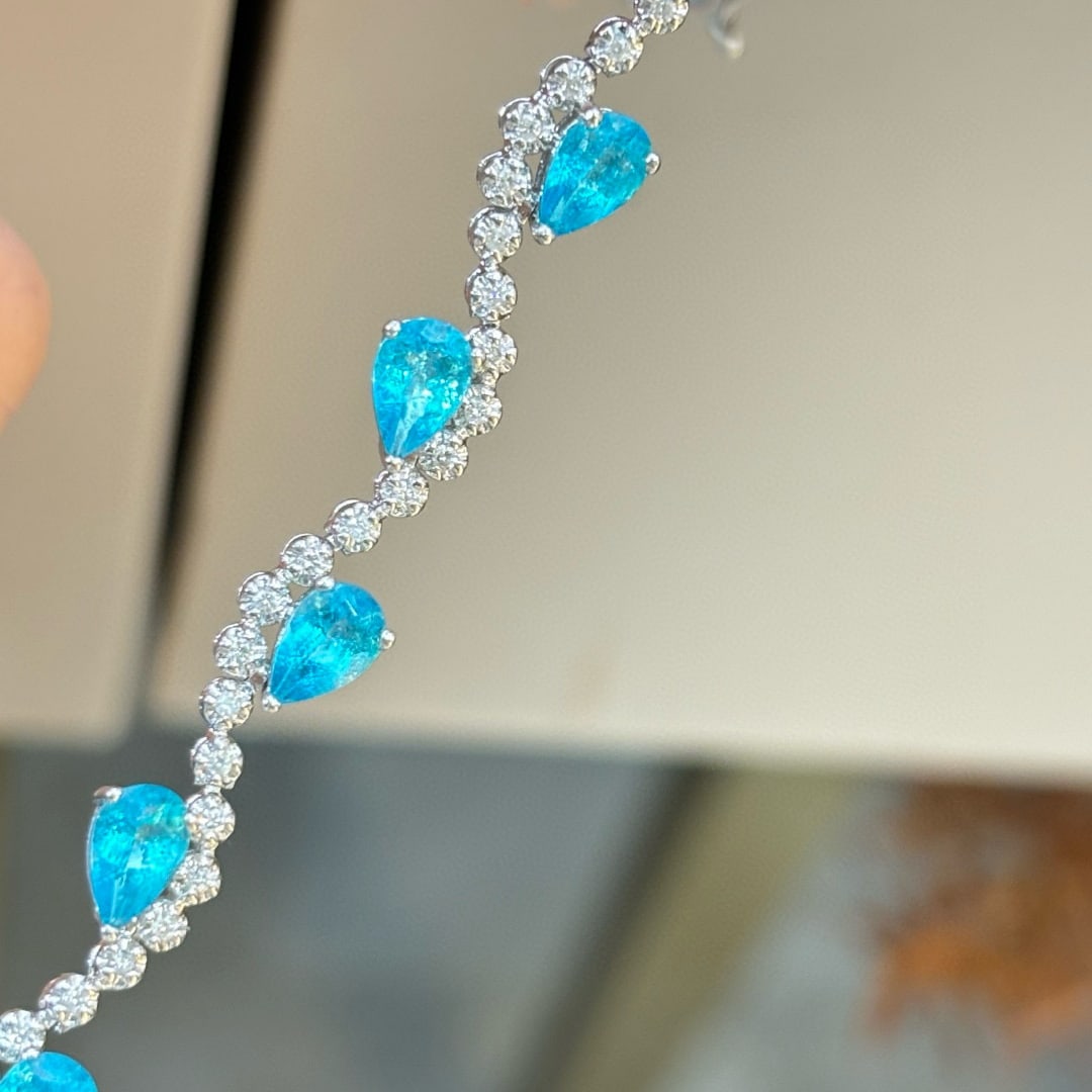 14k Gold 5.3 Ct Natural Paraiba Tourmaline & Diamond Bracelet - 7