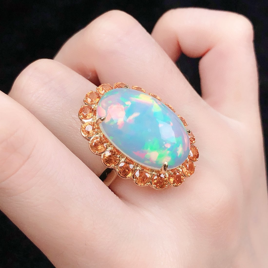 14k Gold 15.03 Ctw Natural Opal & Sapphire Ring - 7