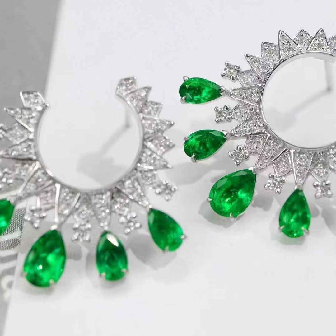 14k Gold 3.00 Ctw Vivid Green Natural Emerald & Diamond Earrings - 2
