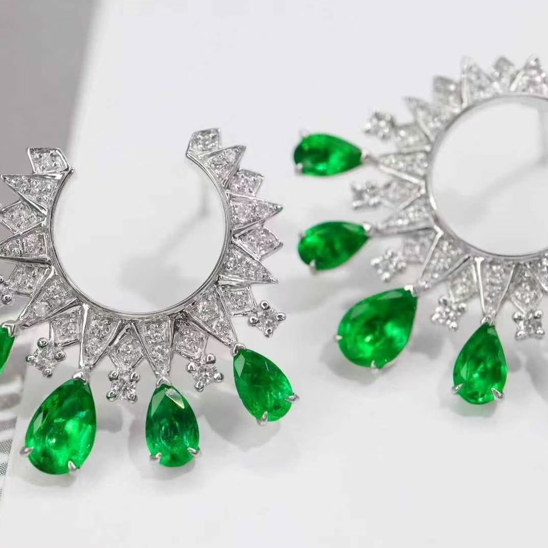 14k Gold 3.00 Ctw Vivid Green Natural Emerald & Diamond Earrings - 4