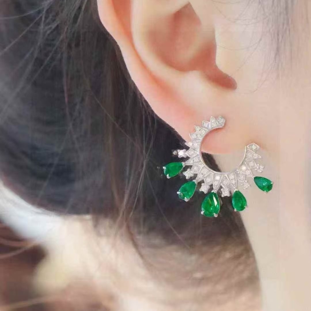 14k Gold 3.00 Ctw Vivid Green Natural Emerald & Diamond Earrings - 5