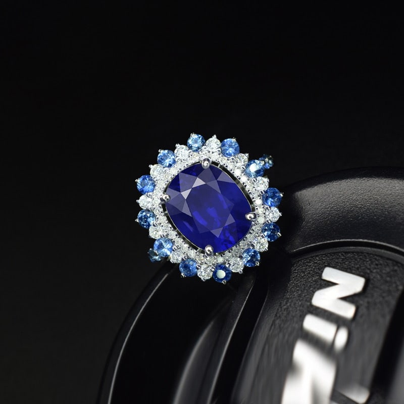14k Gold 3.46 Ctw Natural Sapphire & Diamond Ring: Ref:231055028 // gold content:14k gold // ring size:7. 25us // // main gemstone:sapphire // shape:cushion // carat weight:3. 10ct // color:blue // treatment:natural // // adjacent gemstone 2 :