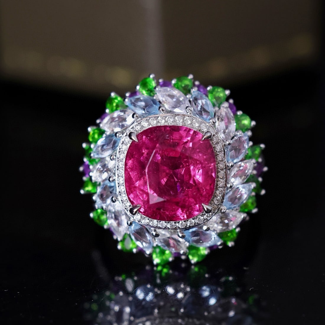 14k Gold 7.35 Ctw Natural Tourmaline & Diamond Ring: Ref:231055046 // gold content:14k gold // ring size:7. 25us // // main gemstone:tourmaline // shape:cushion // carat weight:7. 0ct // color:red // treatment:natural // // adjacent gemstone 2 :