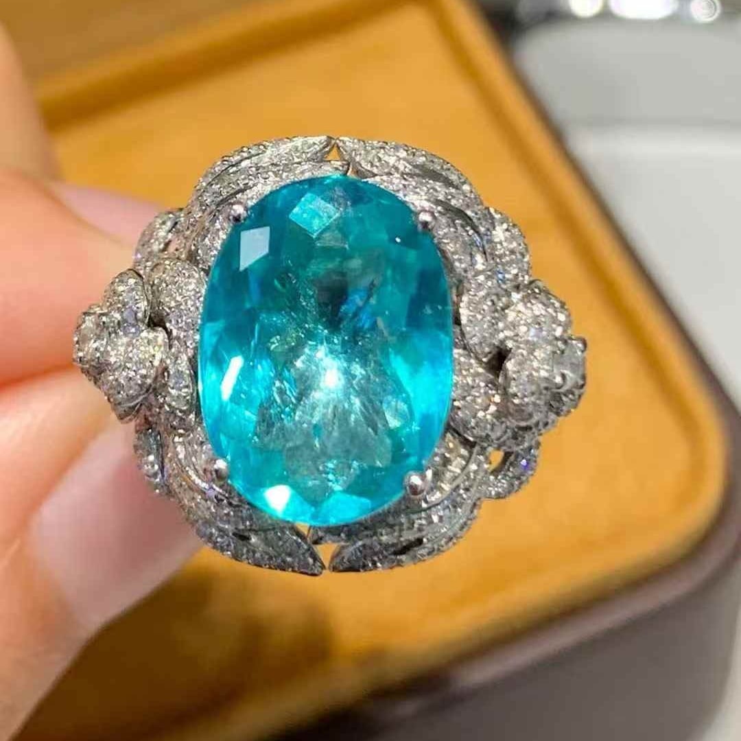 14k Gold 5 Ct Natural Paraiba Tourmaline & Diamond Ring - 2
