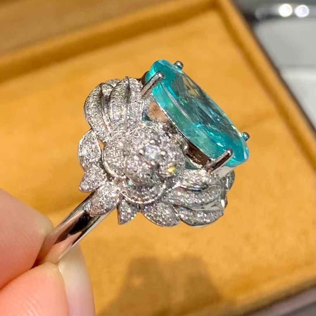 14k Gold 5 Ct Natural Paraiba Tourmaline & Diamond Ring - 4