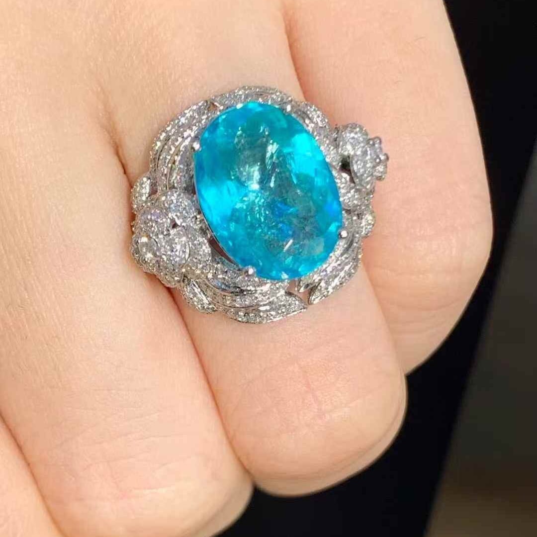 14k Gold 5 Ct Natural Paraiba Tourmaline & Diamond Ring - 6