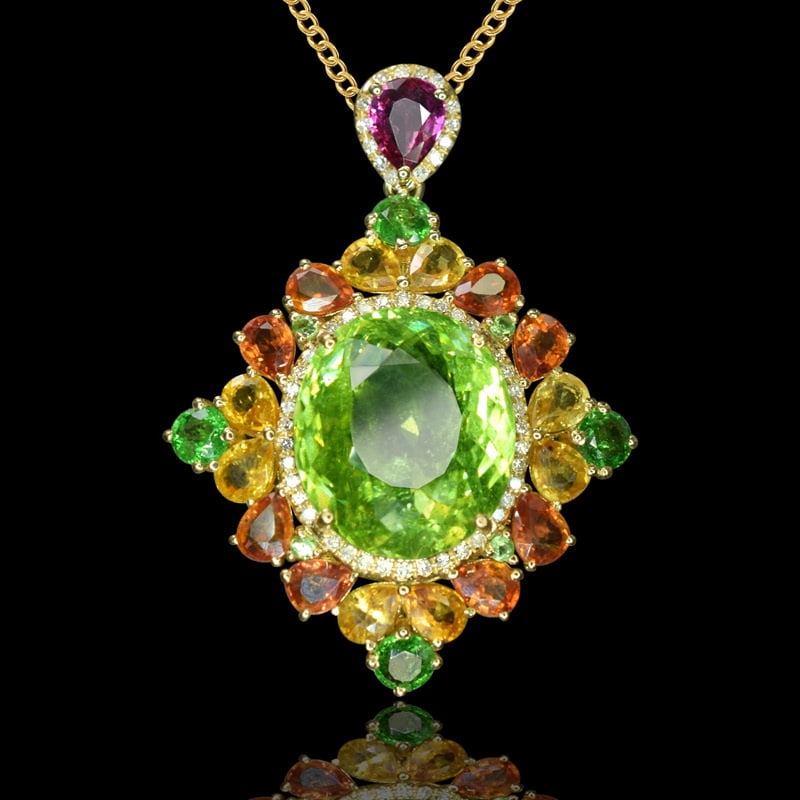 14k Gold 9.50 Ctw Natural Tourmaline & Diamond Pendant( Without Chain ): Ref:231055048 // gold content:14k gold // main gemstone:tourmaline // shape:oval // carat weight:9. 35ct // color:green // treatment:natural // // adjacent gemstone 2 : diamond // number of stones:52
