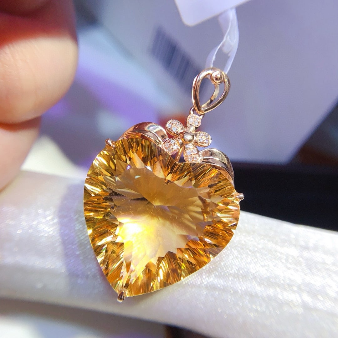 14k Gold 32 Ct Natural Citrine & Diamond Pendant( Without Chain ) - 2