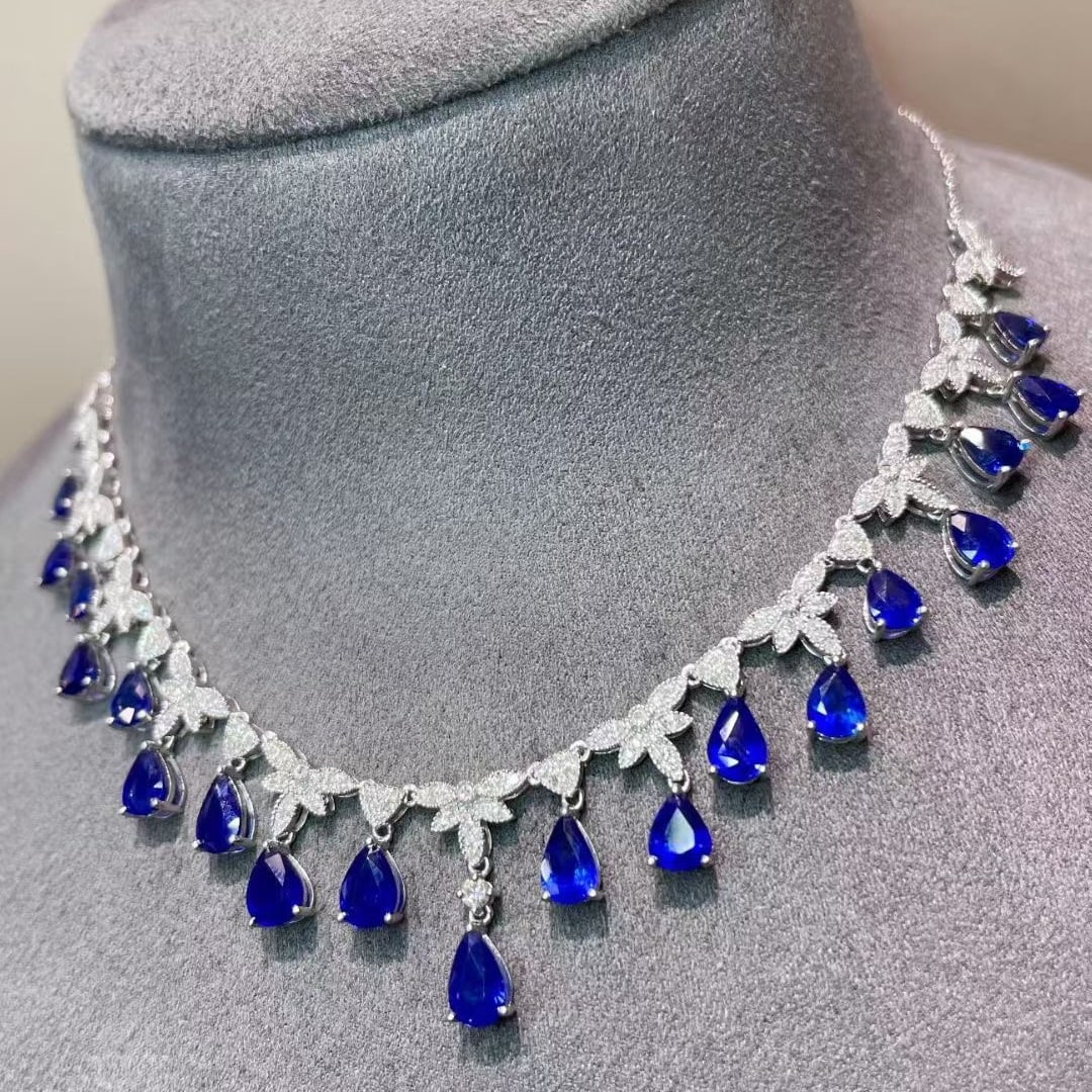 14k Gold 7 Ct Natural Sapphire & Diamond Necklace - 2