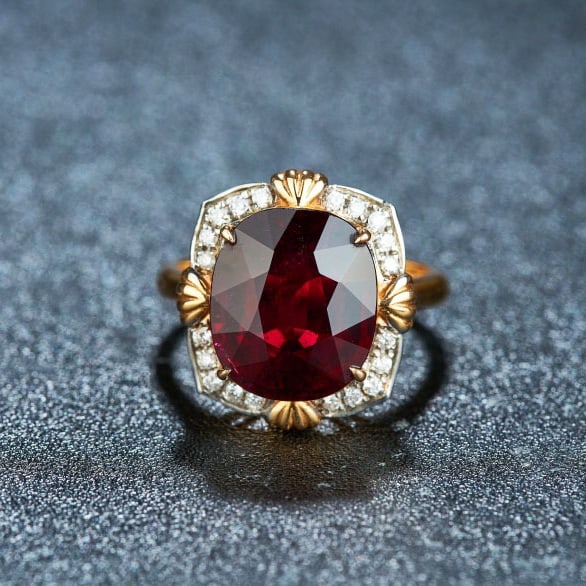 14k Gold 7.05 Ctw Natural Tourmaline & Diamond Ring: Ref:231055081 // gold content:14k gold // ring size:7. 25us // // main gemstone:tourmaline // shape:cushion // carat weight:6. 85ct // color:red // treatment:natural // // adjacent gemstone 2 : diamon