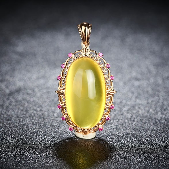 14k Gold 26.19 Ct Natural Prehnite & Ruby Pendant( Without Chain ): Ref:231055082 // gold content:14k gold // main gemstone:prehnite // shape:oval // carat weight:26. 19ct // color:yellow // treatment:natural // // adjacent gemstone 2 : ruby // number of stones:12 // 