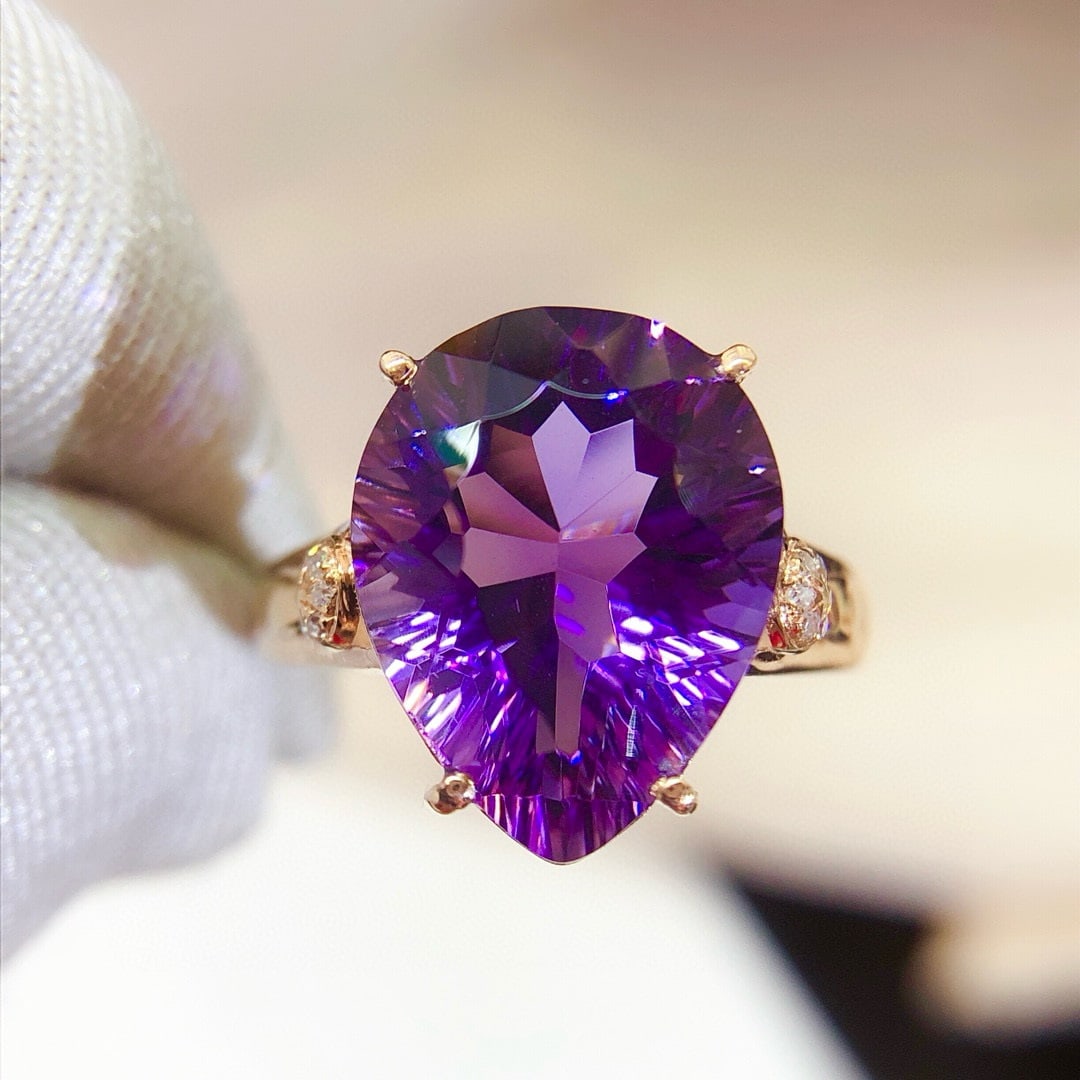 14k Gold 5.25 Ct Natural Amethyst & Diamond Ring - 2