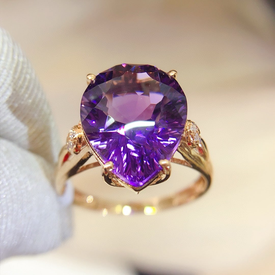 14k Gold 5.25 Ct Natural Amethyst & Diamond Ring - 4
