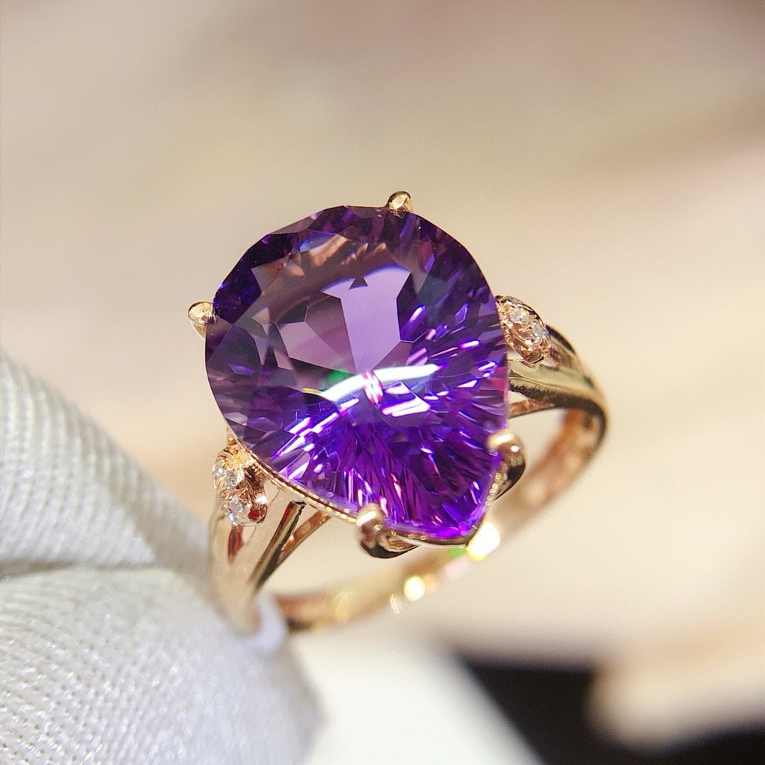 14k Gold 5.25 Ct Natural Amethyst & Diamond Ring - 5