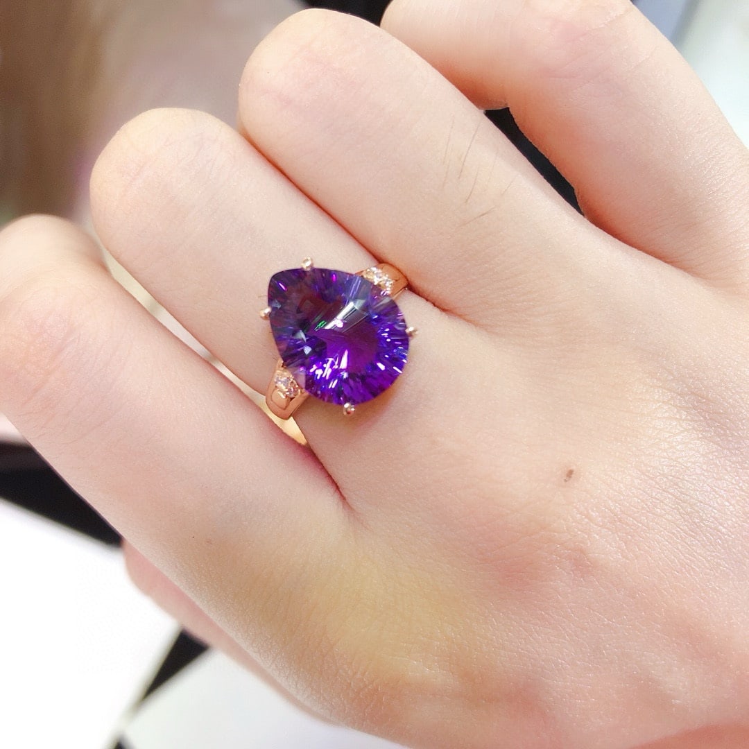 14k Gold 5.25 Ct Natural Amethyst & Diamond Ring - 6