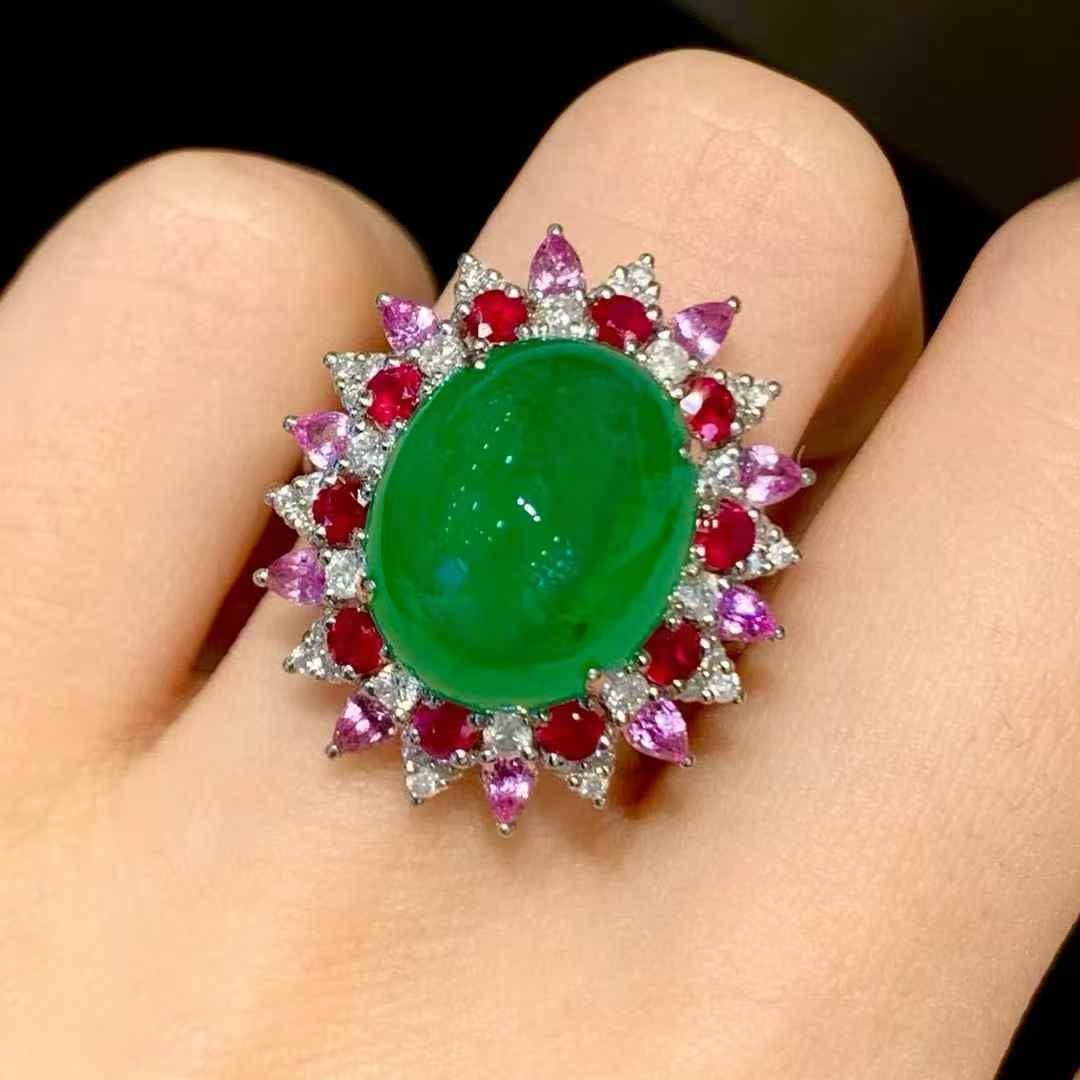 14k Gold 8.8 Ct Vivid Green Natural Emerald & Diamond Ring - 5