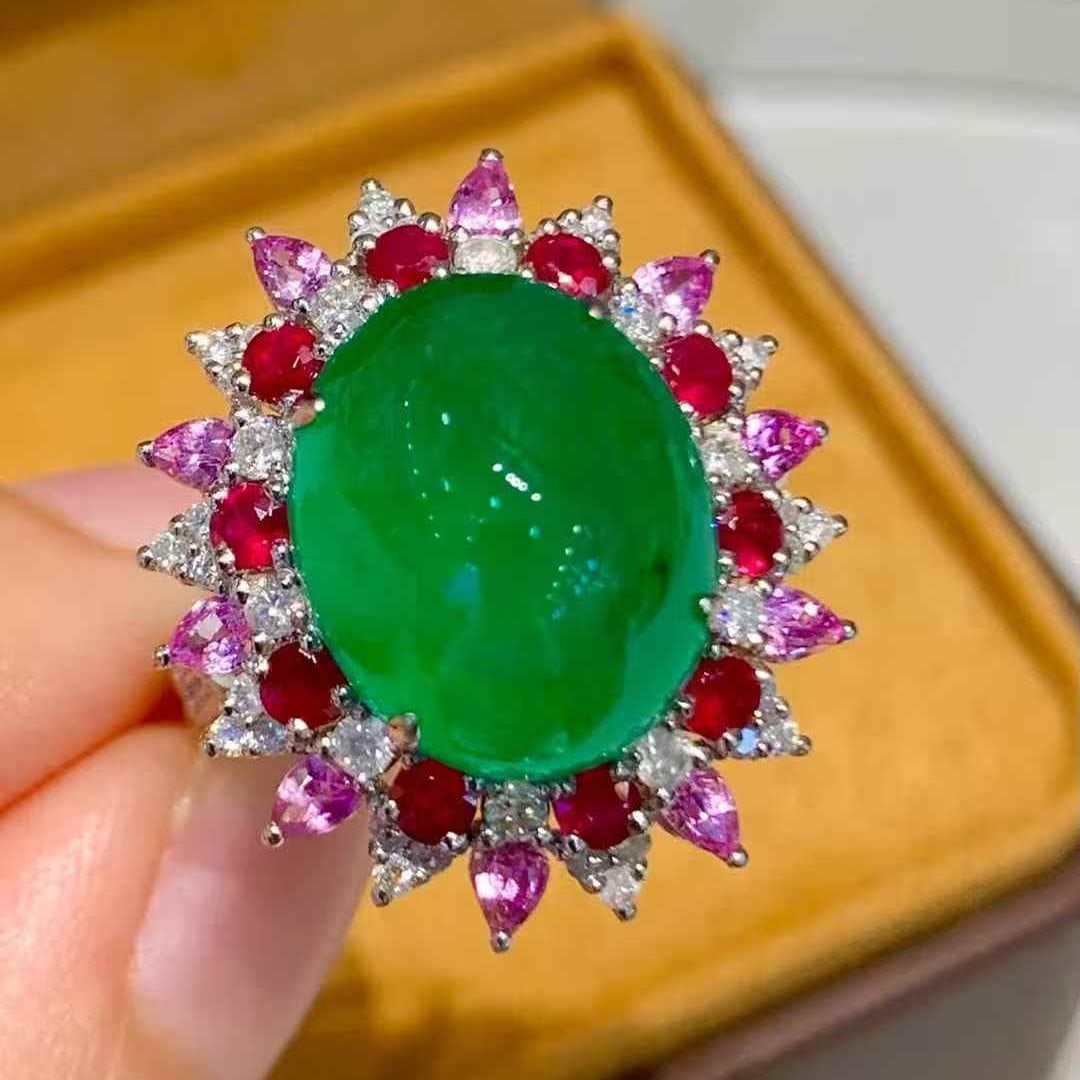 14k Gold 8.8 Ct Vivid Green Natural Emerald & Diamond Ring - 6