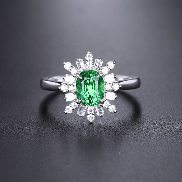 14k Gold 1.73 Ctw Natural Tsavorite & Diamond Ring: Ref:231055122 // gold content:14k gold // ring size:7. 25us // // main gemstone:tsavorite // shape:oval // carat weight:1. 41ct // color:green // treatment:natural // // adjacent gemstone 2 : diamond