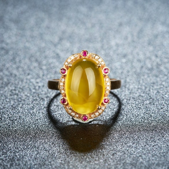 14k Gold 6.15 Ct Natural Prehnite & Diamond & Ruby Ring: Ref:231055129 // gold content:14k gold // ring size:7. 25us // // main gemstone:prehnite // shape:oval // carat weight:6. 15ct // color:yellow // treatment:natural // // adjacent gemstone 2 : diamond